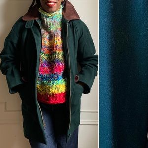 Vintage 80s Hunter Green 100% Wool Coat with Suede Trim